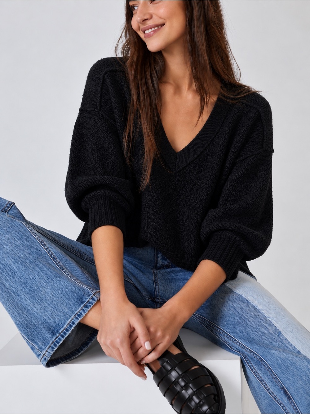 Pilcro Anthropologie Black V-Neck Relaxed Knit Sweater Quarter Length Sleeve